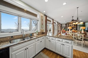 Fridge, microwave, oven, stovetop - Panoramic Blue Ridge Views | Expansive Deck, Fireplace, One-Level Living (Blowing Rock)