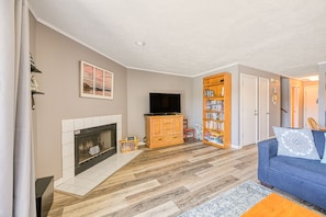 A living room with a fireplace, a television, a bookshelf, and a blue sofa.