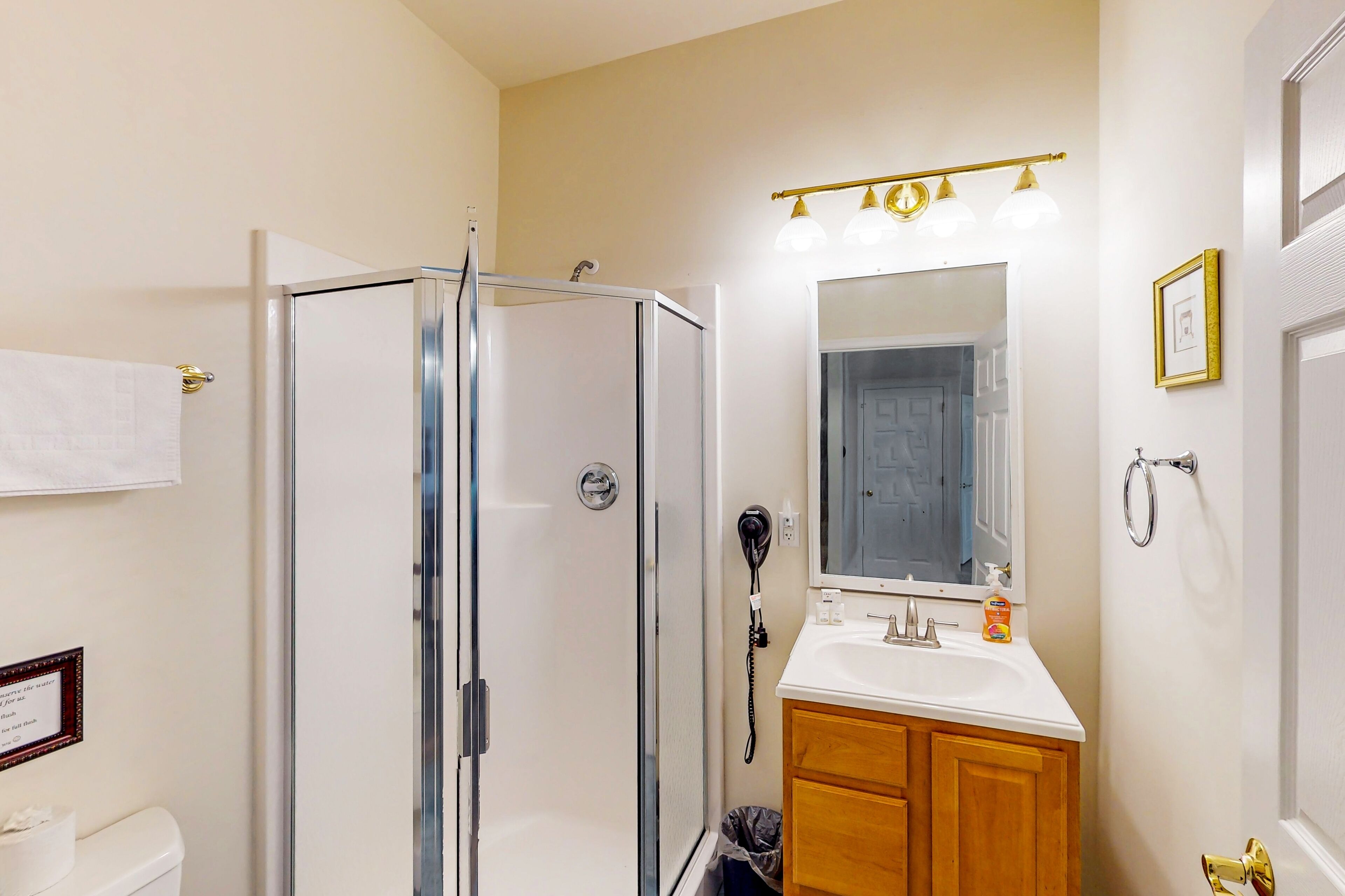 A bathroom with a glass-enclosed shower, a vanity with a mirror, and a toilet.