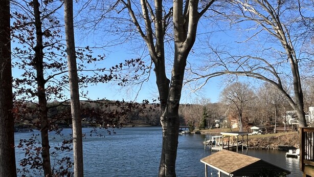 A hot tub with a view of a lake and trees. - Bears Den at Acorn Dr - Spacious pet friendly Cottage with balcony, dock, and hot tub (Moneta)