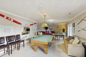 TV, fireplace, table football