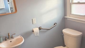 Hair dryer, towels, soap, toilet paper
