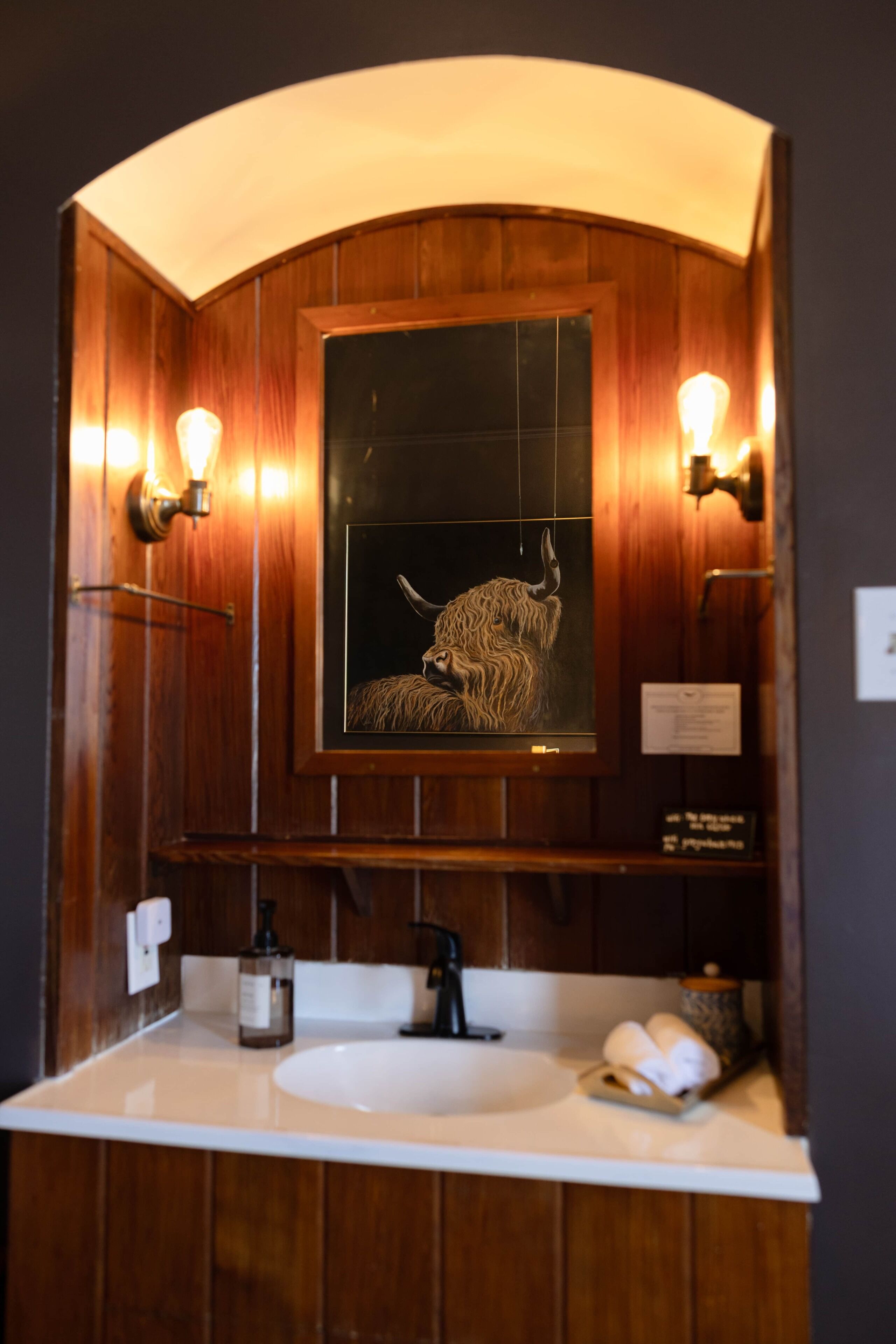 Une salle de bain avec un meuble-lavabo en bois, un évier, un miroir et deux appliques murales.