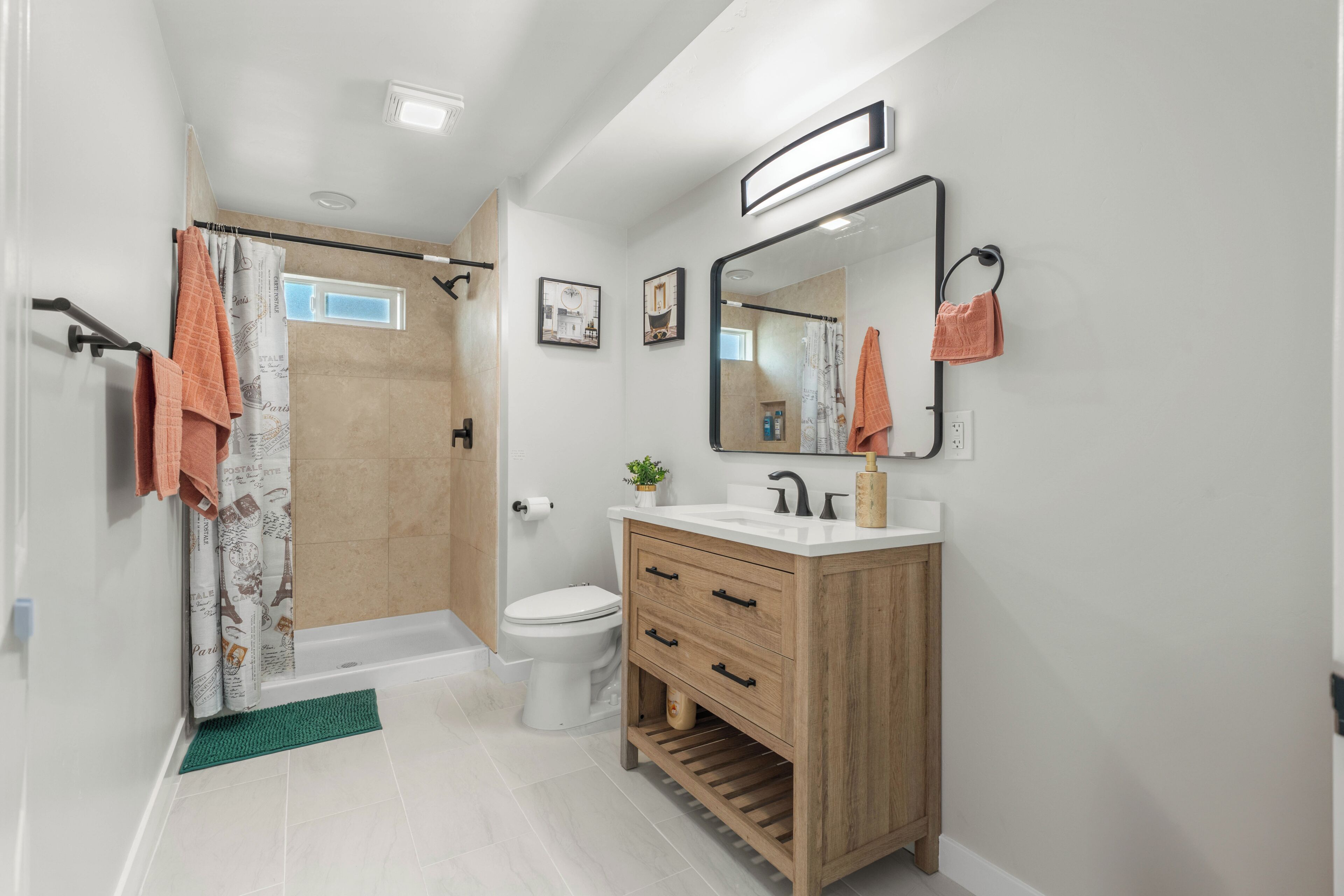 Eco-friendly toiletries, hair dryer, towels, soap