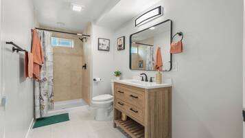 Eco-friendly toiletries, hair dryer, towels, soap