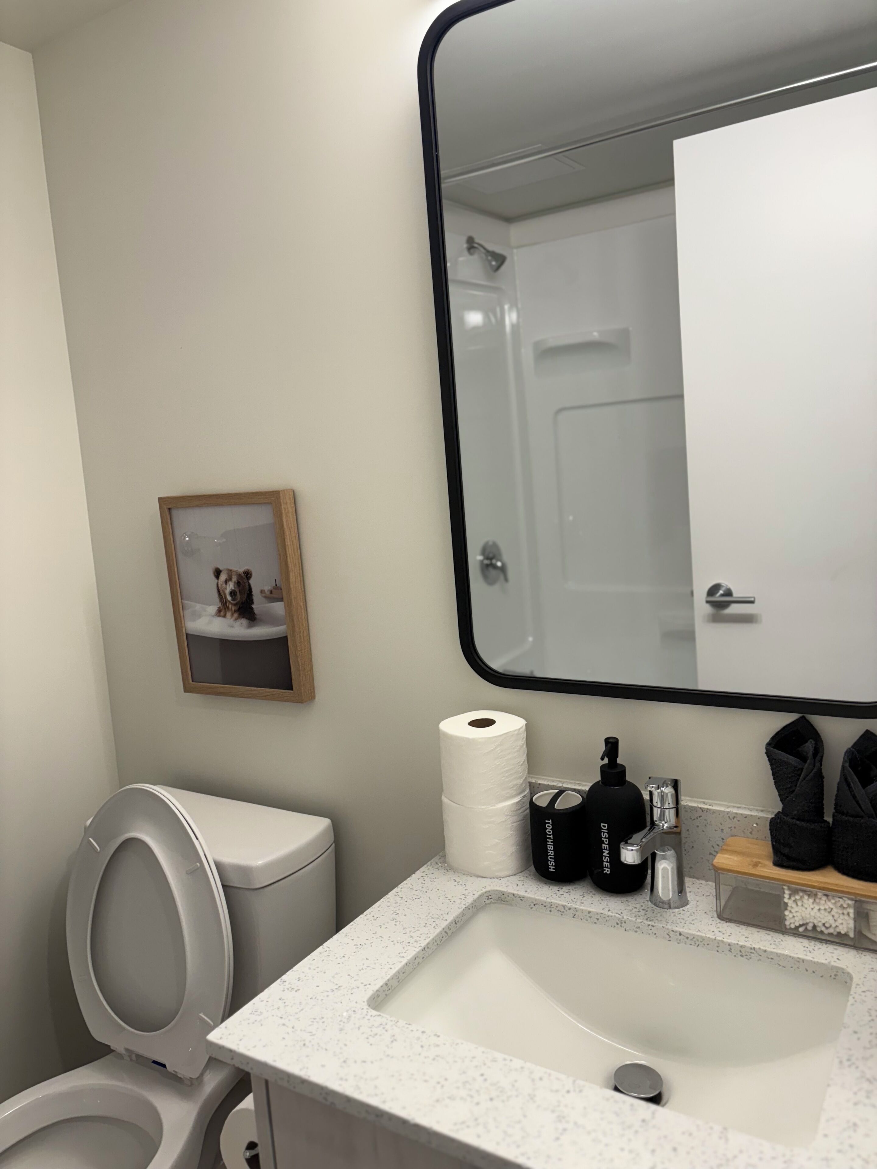 Sèche-cheveux, serviettes fournies, savon, papier toilette