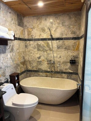 Een badkamer met een vrijstaand bad, toilet en douchekop.