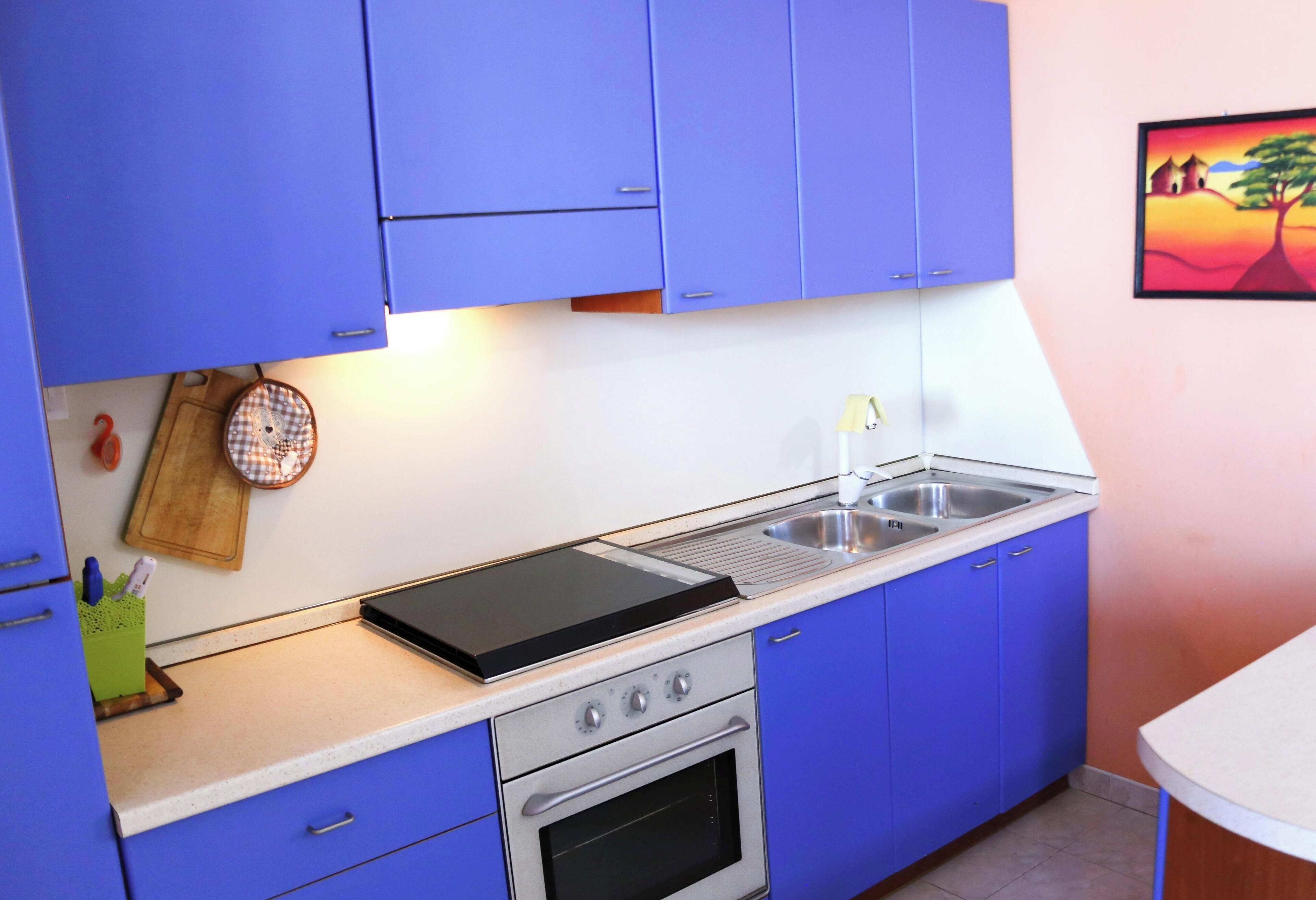 Een keuken met blauwe kastjes, een fornuis, een spoelbak en een schilderij aan de muur.