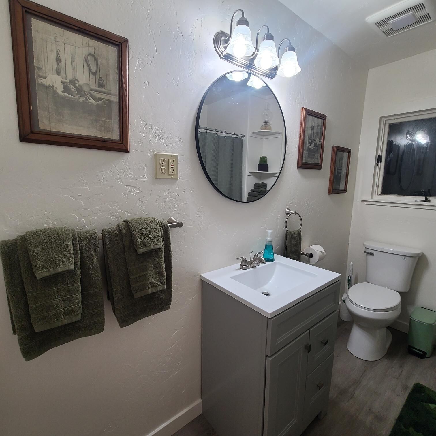 Hair dryer, bidet, towels, soap