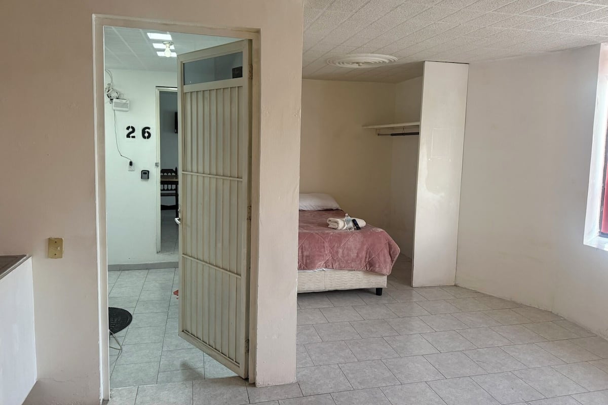 A room with a bed, a wardrobe, and a door leading to another room.