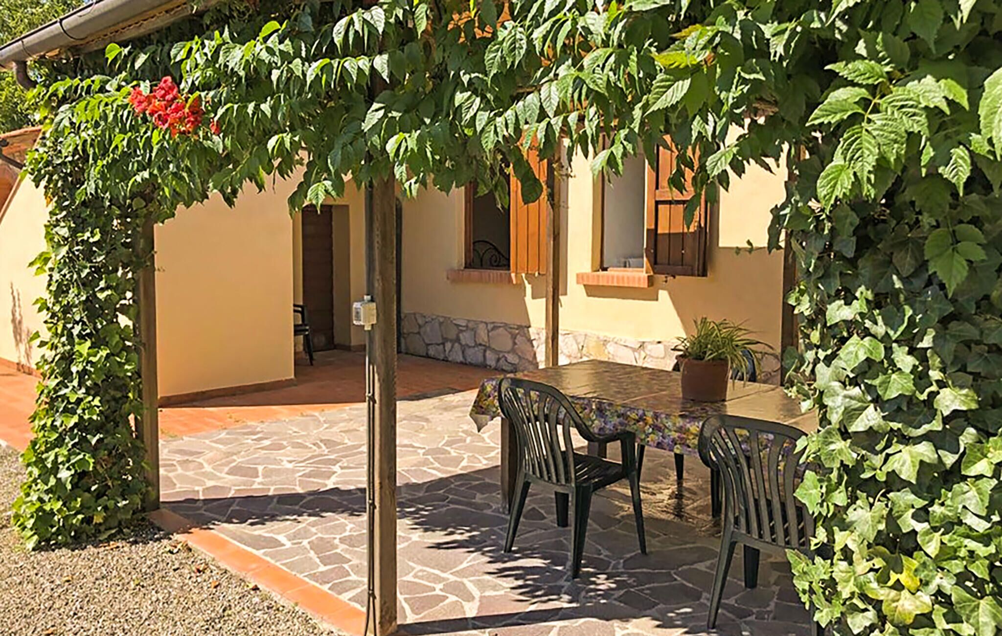 Un patio al aire libre con una mesa y sillas, rodeado de follaje y un suelo de piedra.