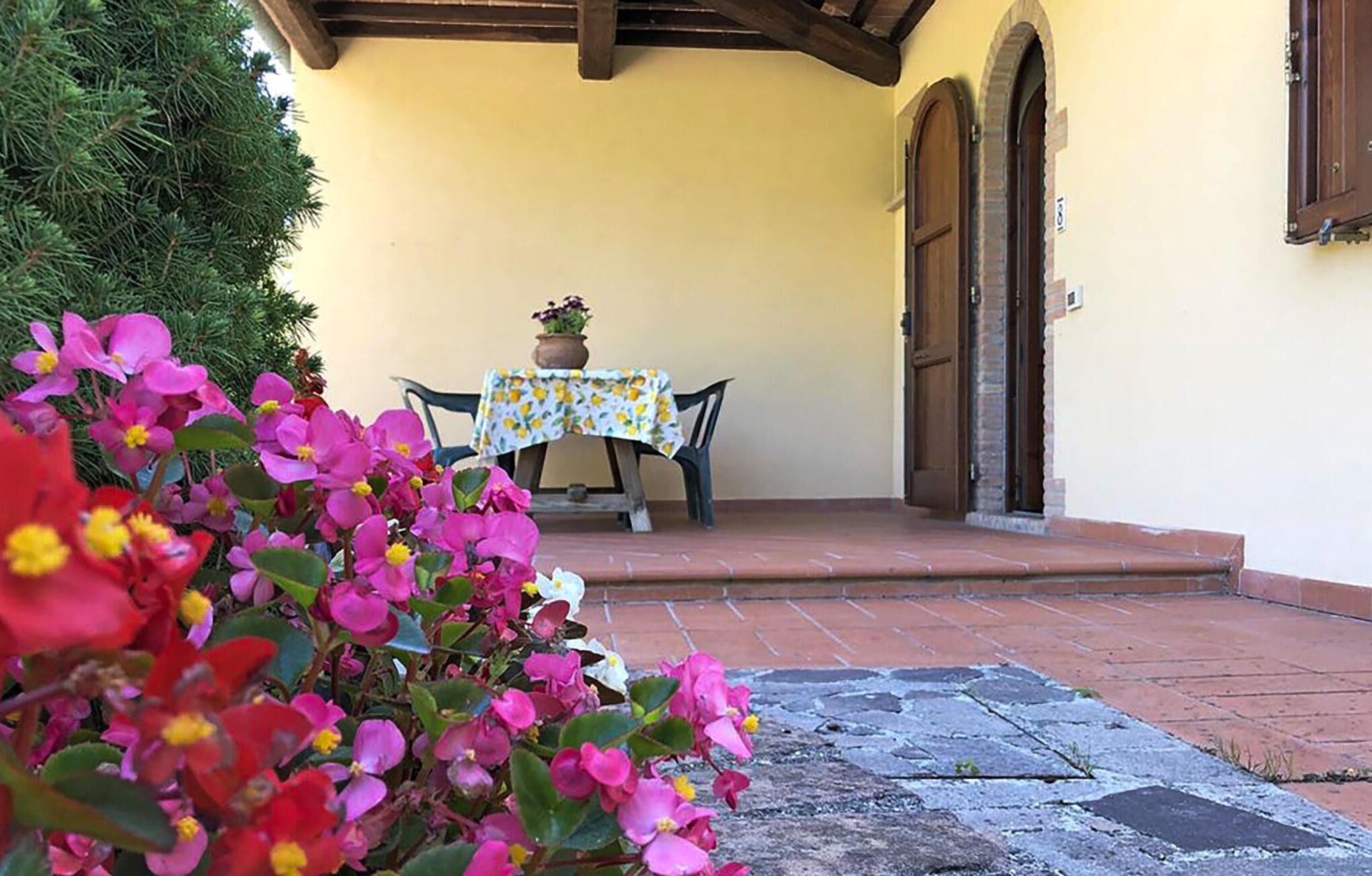 A patio with a table and chairs, a potted plant, and a stone pathway leading to a building entrance.