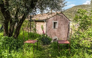 A rustic stone building with a small window, surrounded by lush greenery and a tree. - Pet friendly apartment in Montecatini Val di Cec (Montecatini Val di Cec)