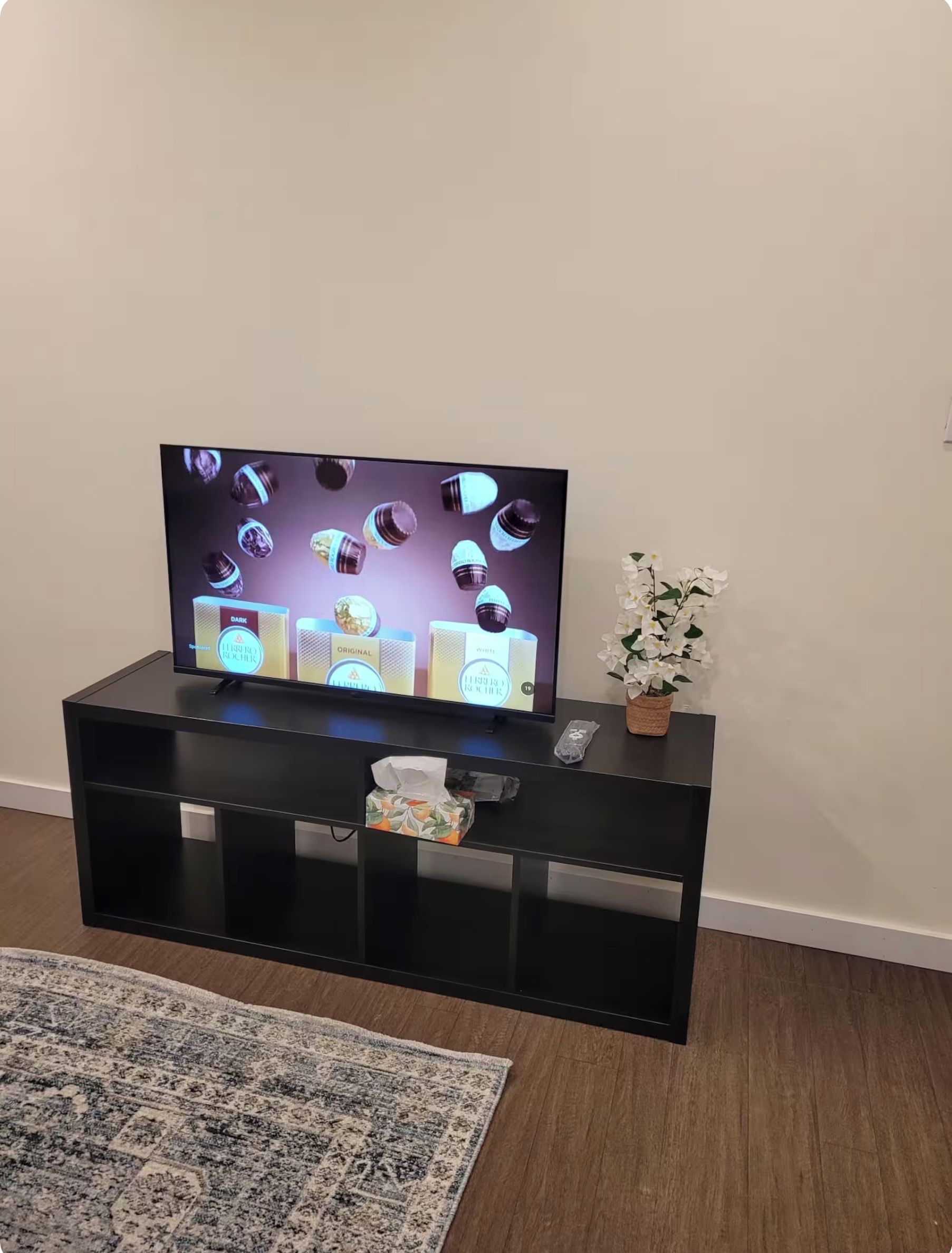 Un téléviseur à écran plat est posé sur un meuble noir servant de support pour les appareils électroniques. À côté, on aperçoit une boîte de mouchoirs et une petite plante en pot.
