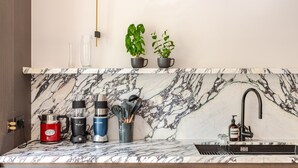 Ett kök med en väggbeklädnad av marmor, en kaffebryggare, en mixer, en diskho och två krukväxter.