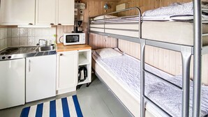 A compact kitchen with a stove, sink, and microwave, adjacent to a bunk bed with a striped rug.