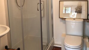 Une salle de bain avec une douche à parois de verre, des toilettes et un lavabo.