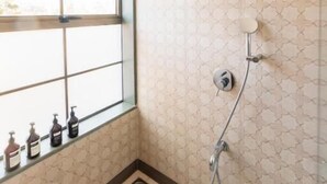 A bathroom with a shower, a window, and a shelf with toiletries. - ELIVAAS Casa Mocha Exquisite 5BHK Villa (Alibag)