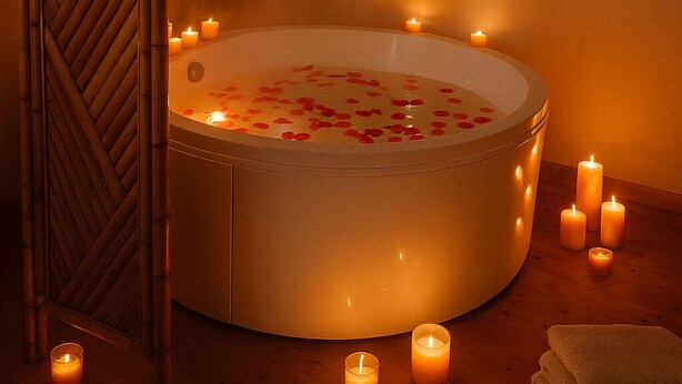 Ein Spa-Bereich mit Whirlpool, umgeben von Kerzen, einer Holztür und einem Stapel Handtüchern.