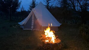 A tent with a fire in front, surrounded by trees.
