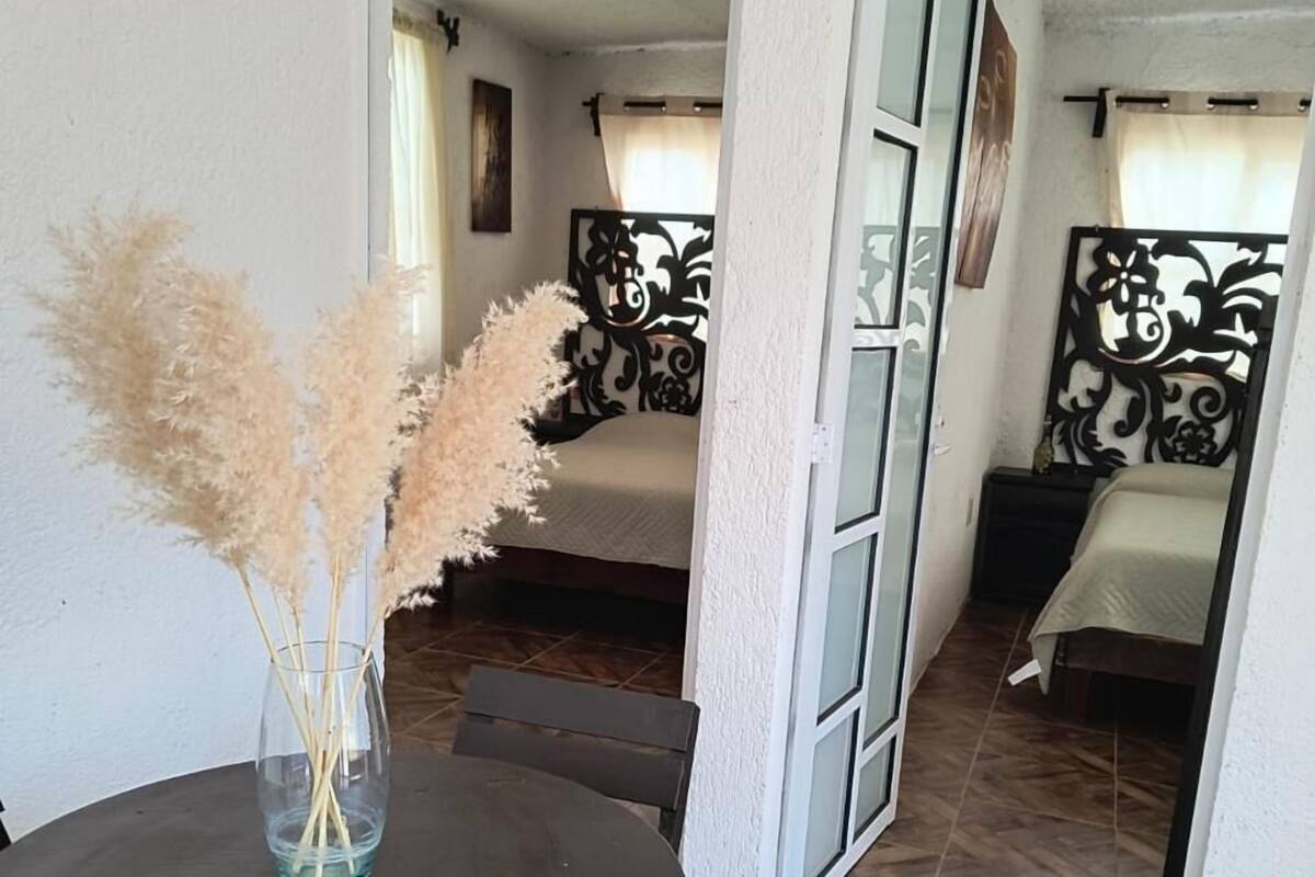 Un comedor con una mesa redonda, sillas y un jarrón con plumas de pampa.