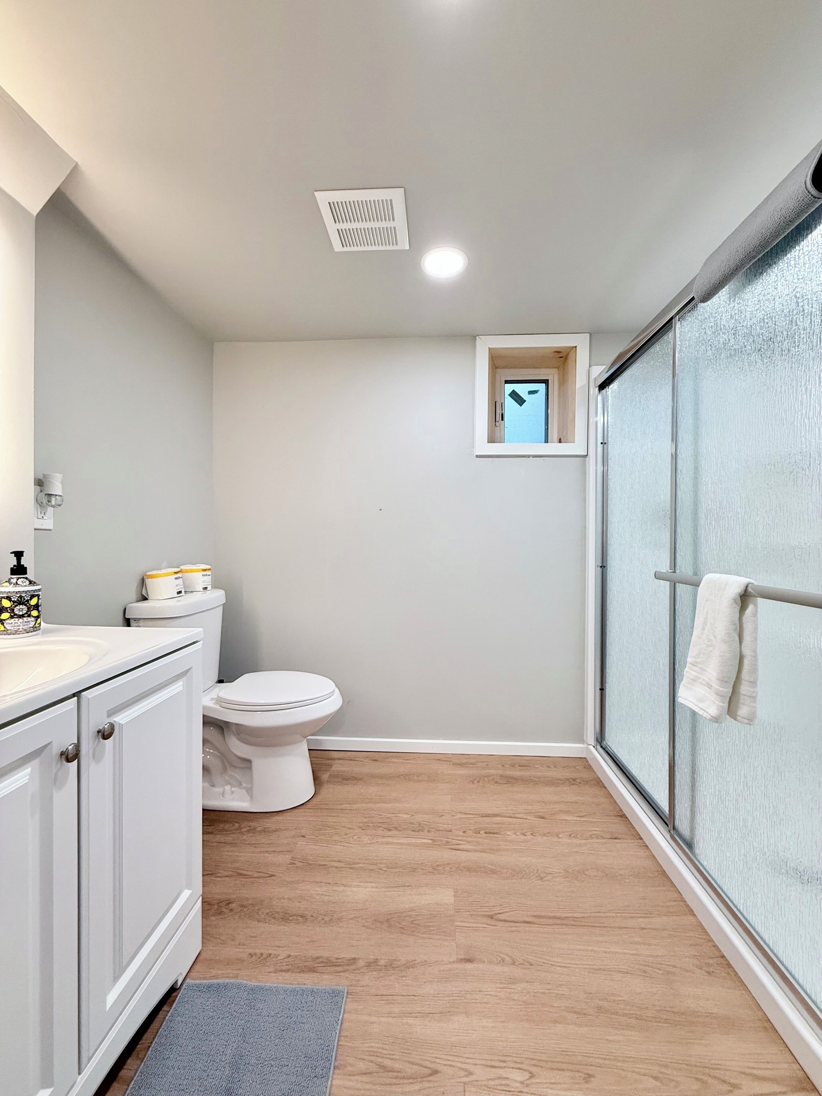 Hair dryer, towels, soap, toilet paper