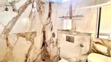 Shower, towels, soap, shampoo