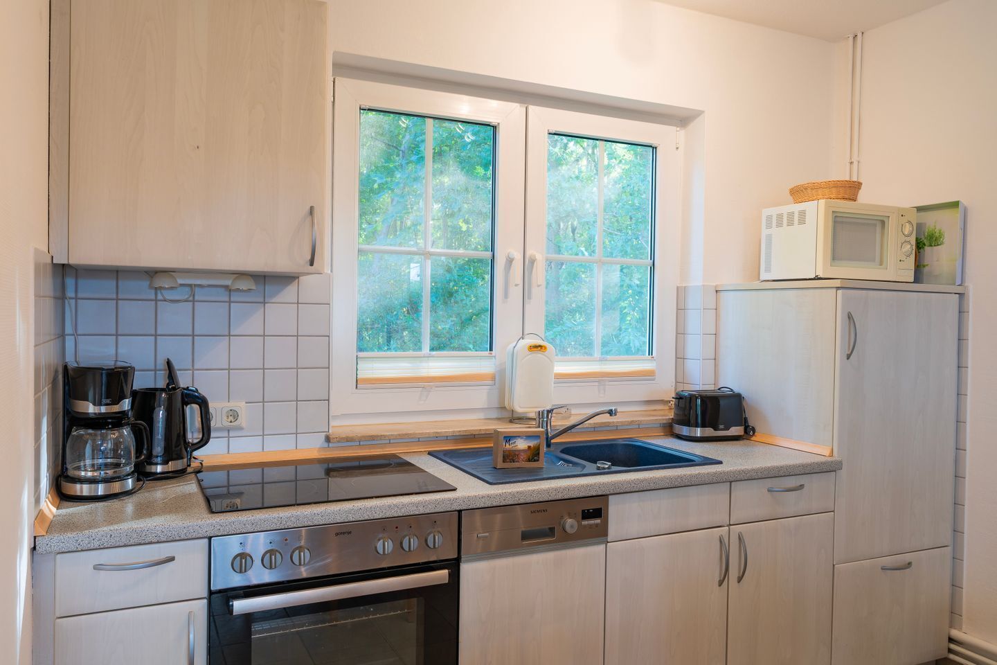 A modern kitchen with a double sink, stainless steel appliances, and a window with a view of greenery.