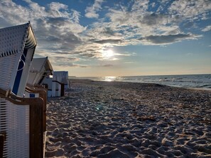 Uma praia com espreguiçadeiras e vista para o oceano.