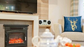 Un saló amb una llar de foc, una televisió, un aparell de ràdio, un sofà amb un coixí decoratiu i una safata amb una tetera i llaminatures.