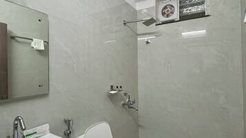 Shower, towels, soap, shampoo