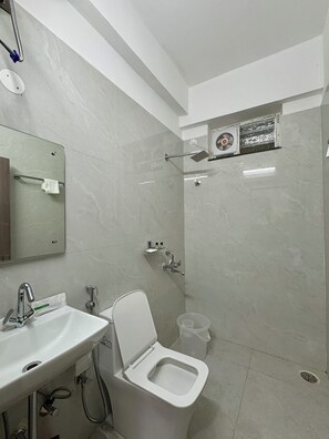 Regadera, toallas, jabón, shampoo 