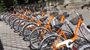 Une rangée de vélos orange portant l’inscription « HÔTEL CIAO », garés sur une chaussée pavée.