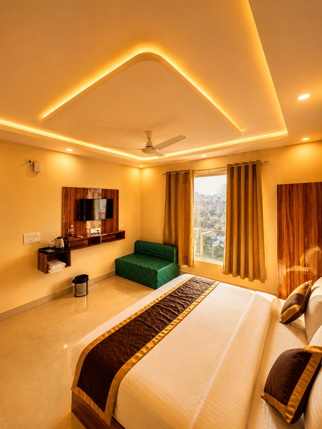 A hotel room with a bed, a green sofa, a TV, and a window with curtains.