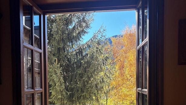 Een open deur die leidt naar een balkon met uitzicht op bomen en een gebouw.