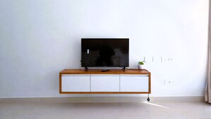 A modern living room with a flat-screen TV on a wooden cabinet, a small potted plant, and a remote control.