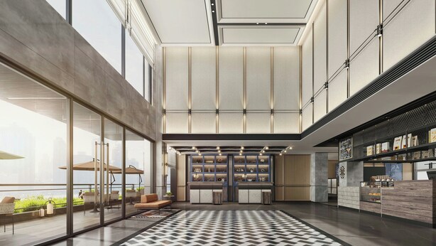 Een ruime lobby met een zwart-wit schaakbordvloer, een zithoek met een bank en stoelen, en een receptiebalie met een etalage.