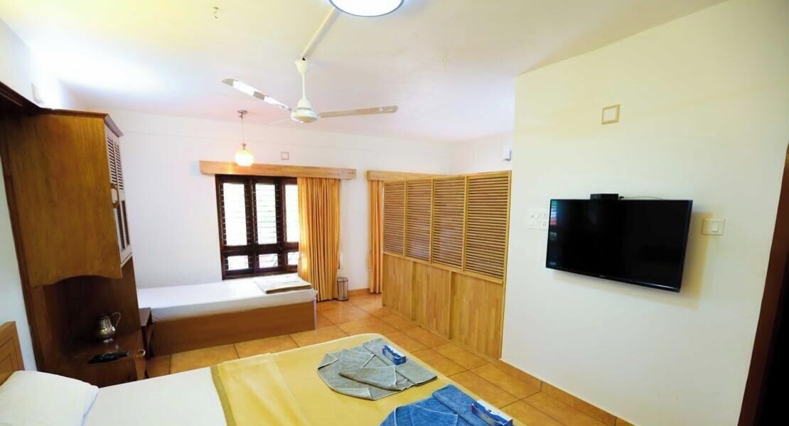 A room with a bed, a desk, a TV, a ceiling fan, and a window with curtains.