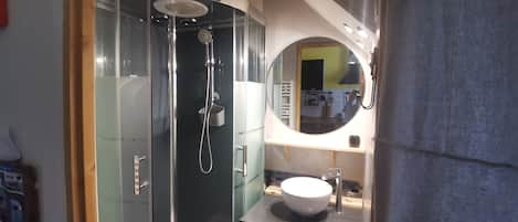 Shower, hair dryer, toilet paper