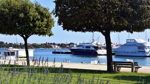 A marina with boats docked, a grassy area with a bench, and trees. - Cozy Apartment With Garden (Umag)