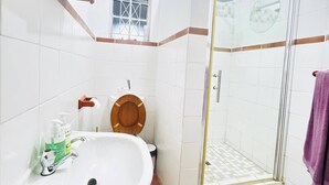 A bathroom with a sink, toilet, and shower. - Room-cosy & Private Cottage With Easy ac (Pietermaritzburg)