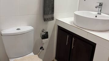 A bathroom with a toilet, sink, and dark cabinets.