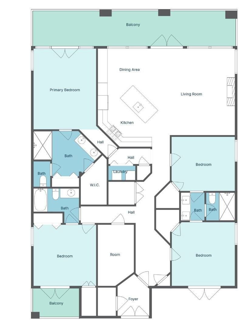 A floor plan with a primary bedroom, balcony, dining area, kitchen, living room, multiple bathrooms, and a foyer.