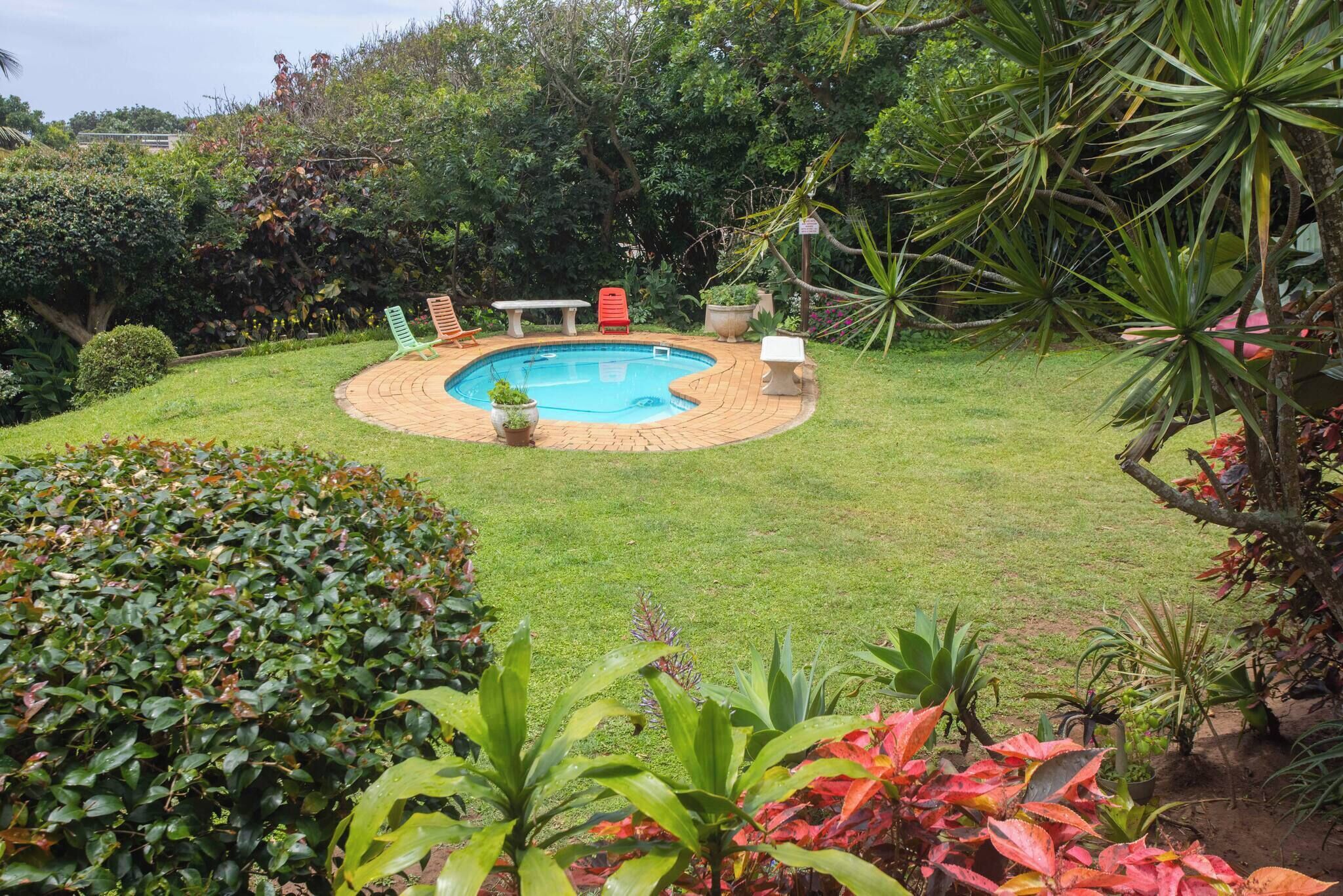 Un patio trasero con piscina, rodeado de follaje y algunos muebles de exterior.