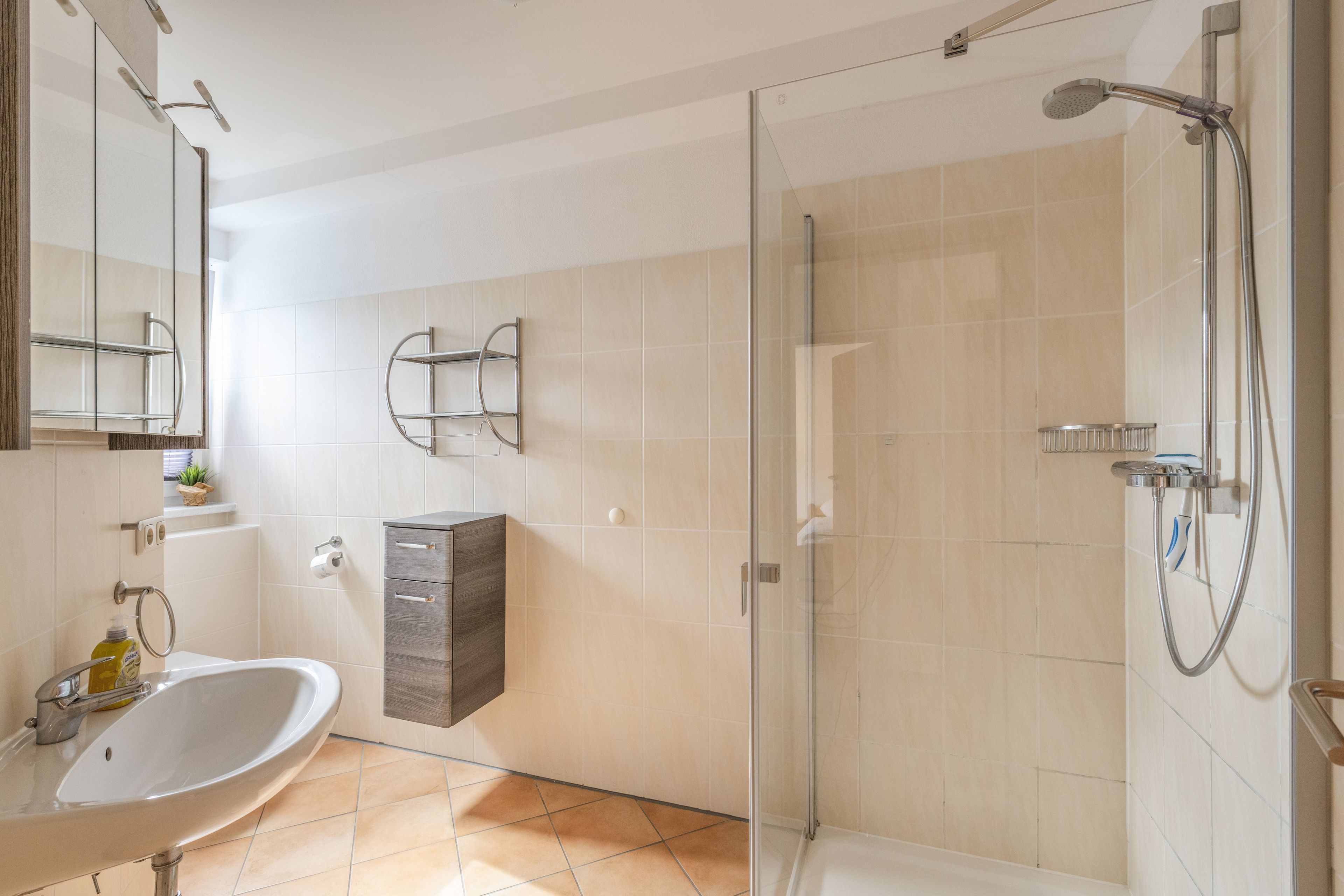 Ein modernes Badezimmer mit einer gläsernen Dusche, einem weißen Waschbecken und einem Spiegel.