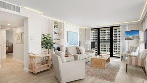 Ein modernes Wohnzimmer mit einer Couch, Sesseln, einem Couchtisch und einem Fernseher.