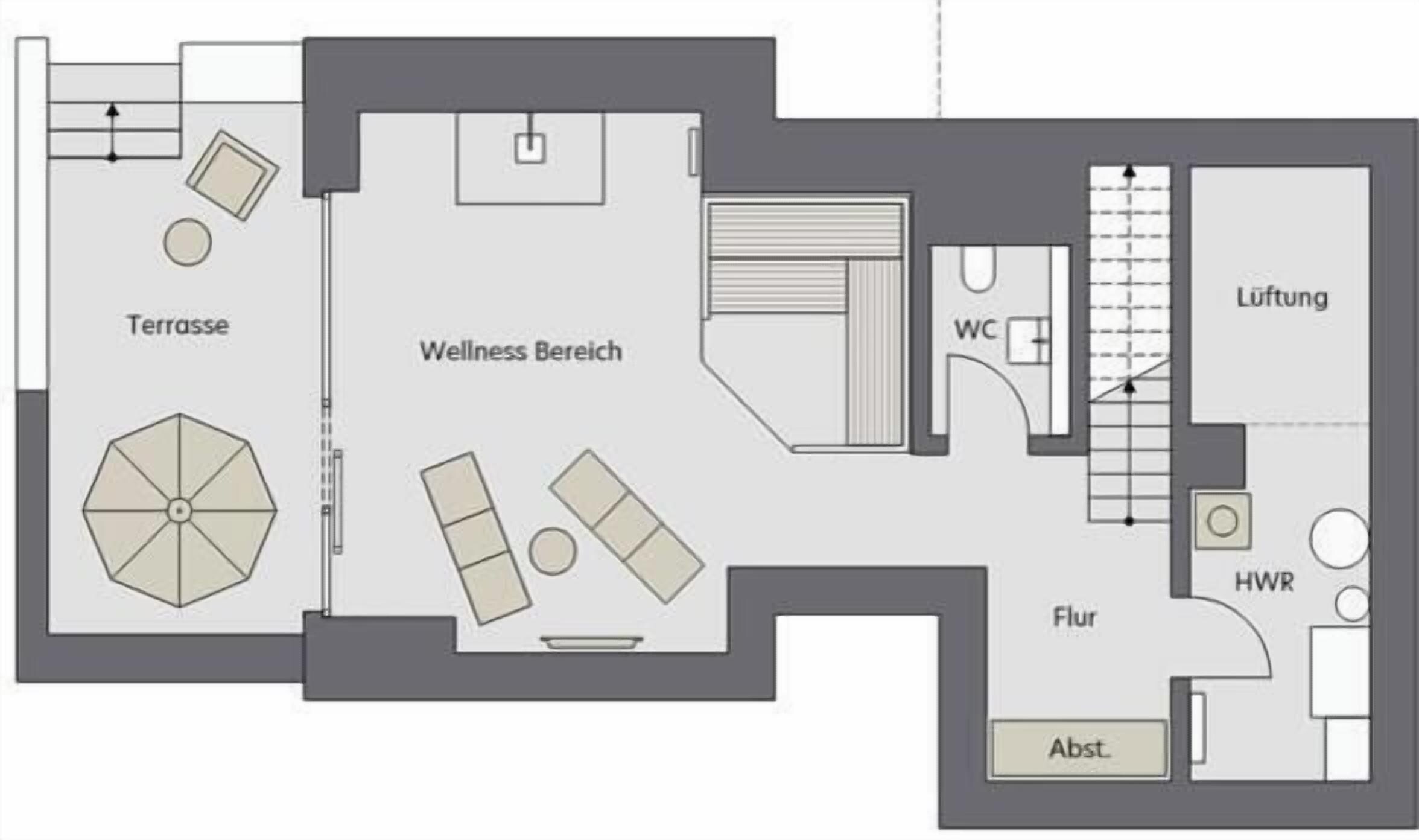 A hotel layout with a terrace, wellness area, WC, lift, and HWR.