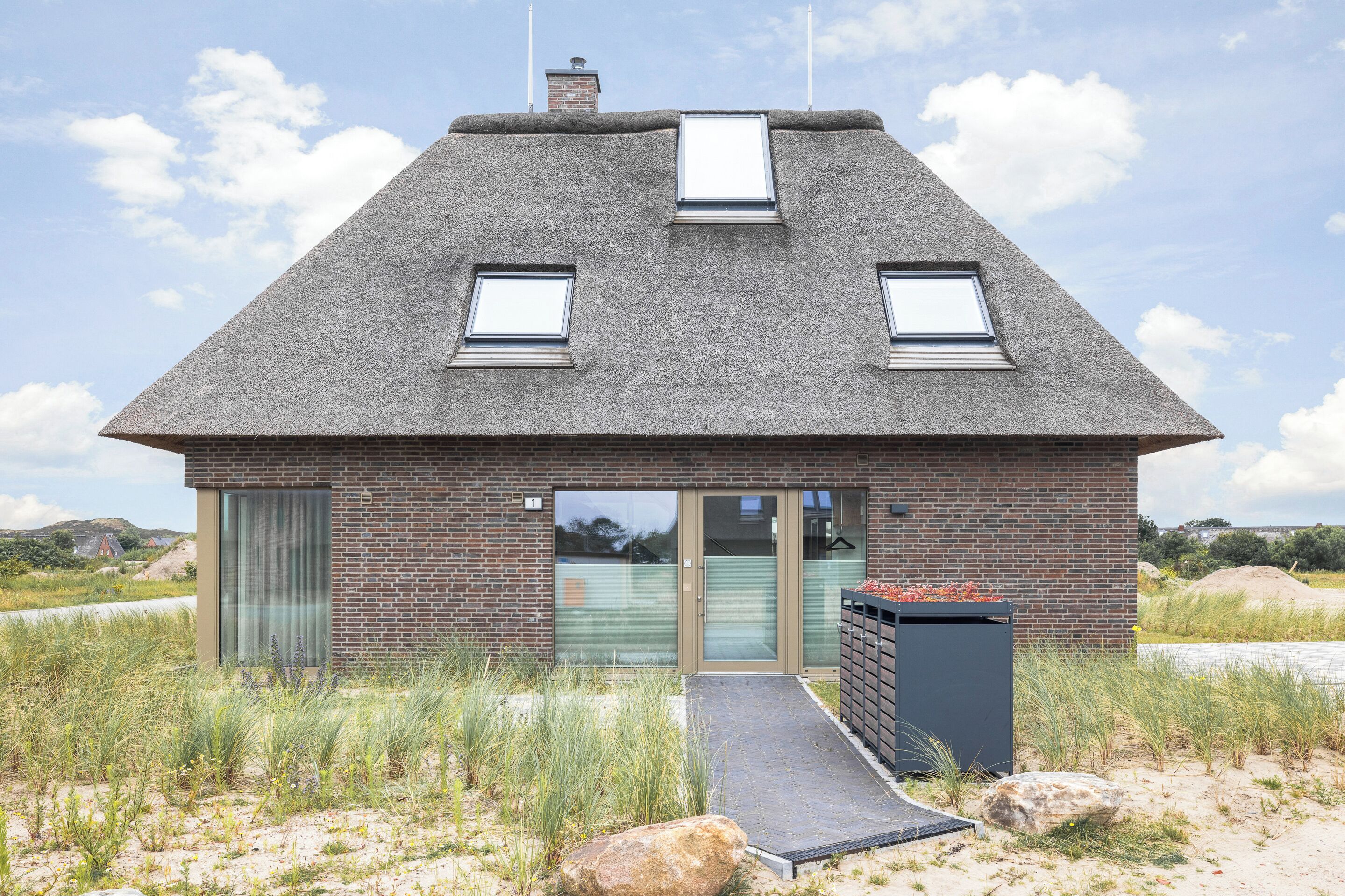 A modern house with a sloped roof, two skylights, and a glass door entrance.