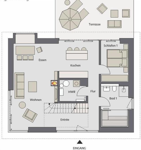 A hotel room layout with a living area, kitchen, two bedrooms, a bathroom, and a terrace. - Premium vacation home Haus Deich in the dune park with terrace and sauna (List auf Sylt)