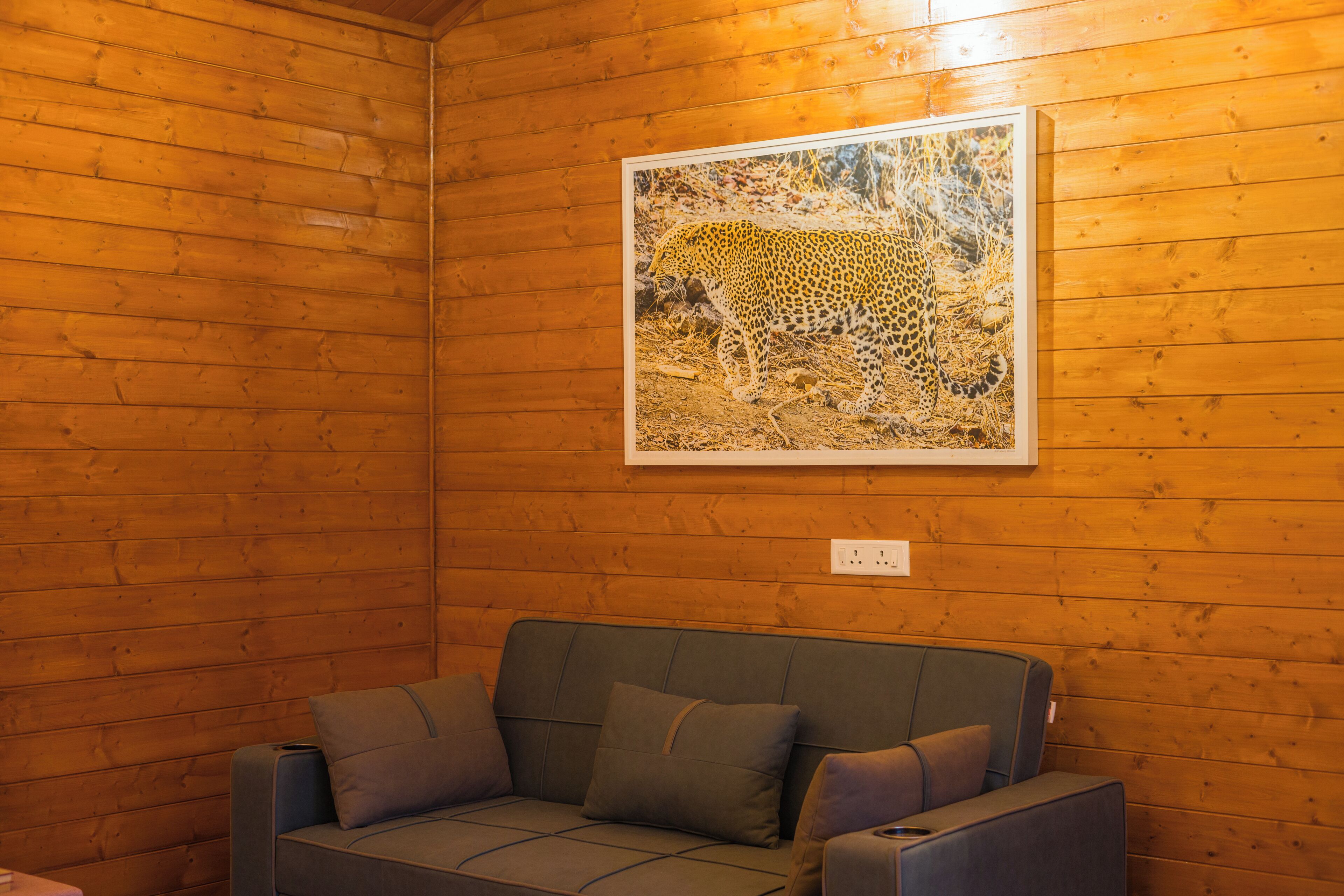 A wooden cabin interior with a sofa and a framed wildlife photograph on the wall.
